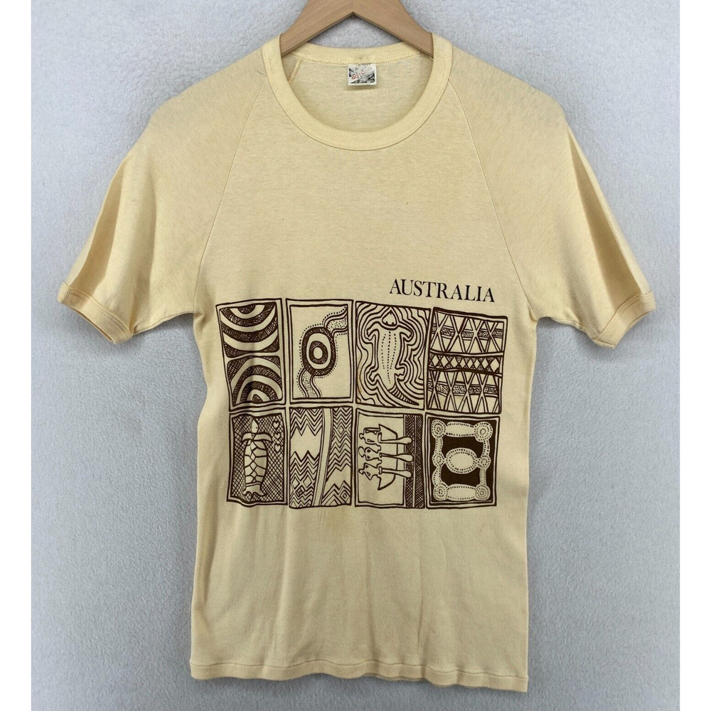 AUSTRALIA Shirt Adult 16 S Aboriginal Bark Painting 90s Cotton Interlock Yellow